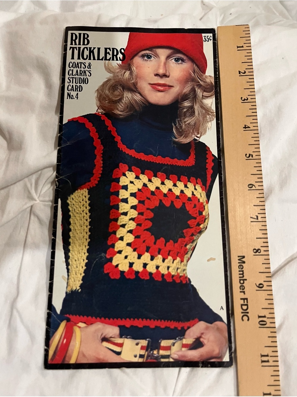 Women's Navy Sweater Vest with Red and Yellow Crochet Panel